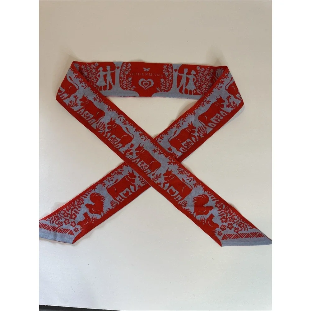 Seidenmann Swiss Silk Scarf - Red & Blue Folk Art Cow & Rooster Motif‎ Twilly